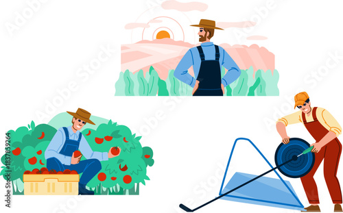 Farmer working in agriculture field harvesting and irrigating