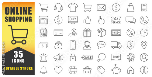 Online Shopping Line Icon Set Offers Clean, Modern, And Editable Stroke Symbols Designed For E-Commerce, Delivery, And Digital Retail Projects, Providing Clear Visuals For Web, Apps. Vector Icons.