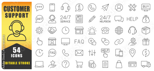 Customer Service Line Icon Set Offer A Clean And Modern Collection Of Support, Communication, And Helpdesk Symbols, Designed For Professional Use In Digital Platforms, Tutorials. Vector Icons. 