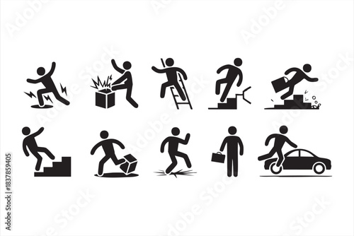 Workplace hazard pictogram set showing slips, trips, falls, and impact risks