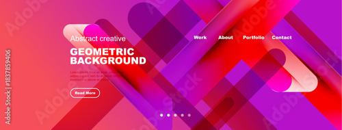 Vibrant geometric background features overlapping shapes, gradients. Text includes work, about, portfolio, contact options. Modern design.