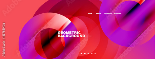 Abstract fluid shapes, vibrant colors, geometric design. Navigation menu present, modern aesthetic, dynamic composition.