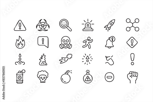 Safety-themed line icons with alerts, hazards, and emergency indicators