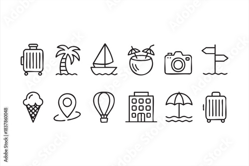 Vacation and travel line icons for tourism apps, guides, and itineraries