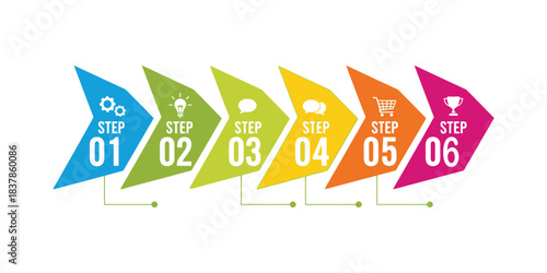 Dynamic infographic template showcasing a clear six-stage progression, ideal for outlining workflows, project phases, or strategic pathways to success and goal achievement