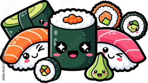 Cute Kawaii Sushi Characters Assortment Delicious Japanese Food.