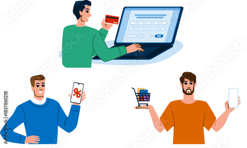 Men shopping online, paying with cards and using mobile apps