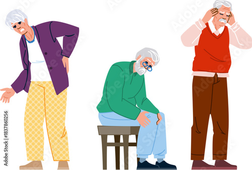 Senior people enduring various types of body pain