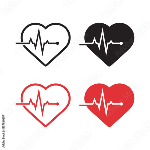 Heart Rate Icon Set. Medical ECG Love Heart Vector Illustration