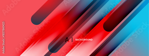 Abstract design features vibrant red, blue gradients. Diagonal lines create dynamic visual effect. Modern aesthetic suitable backgrounds.