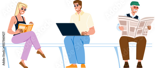 Diverse people engaging with information on bench