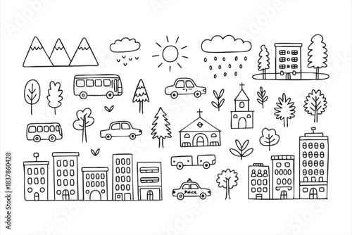 Doodle city elements for planners, worksheets, and educational graphics