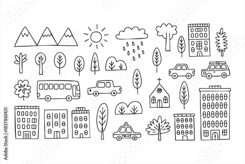 Simple city map icons including cars, mountains, houses, and public buildings