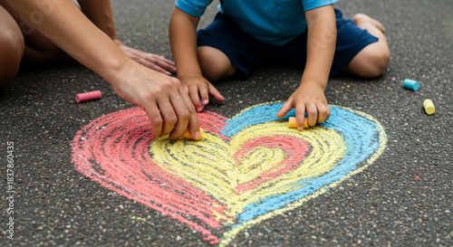 Fototapeta Naklejka Na Ścianę i Meble -  Woman and kid drawing heart with colorful chalk on asphalt road. Outdoor creative activity for children. Family fun and childhood concept.