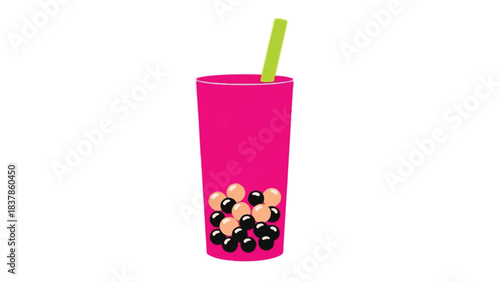Pink bubble tea drink with straw and tapioca pearls.