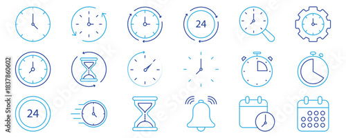 Timer icon set. Alarm clock symbol. Watch countdown vector illustration. Stopwatch sign. Hours, minutes and seconds concept. Simple express pictogram outline collection.