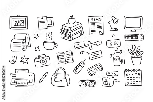 Doodle-style work icons including printer, monitor, calendar, and books
