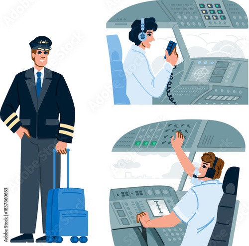 Airline pilot profession in uniform and operating airplane controls