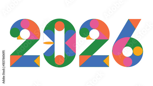 Geometric 2026: An abstract, colorful design showcasing the year 2026, using bold geometric shapes, representing futuristic concepts and creative expressions.