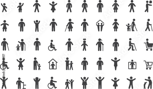 Large Grid of Human and Family Icons with Various Activities and Life Stages illustration silhouette
