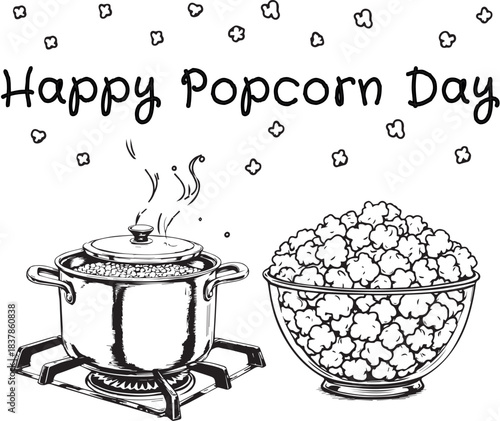 Happy Popcorn Day illustration with steaming pot, popcorn bowl, and scattered kernels in cozy monochrome style