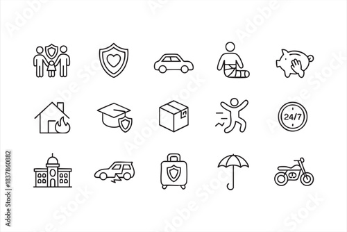Insurance protection line icons for family, auto, home, health, and savings coverage