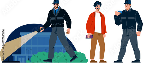 Security guard man patrolling property protecting business at night