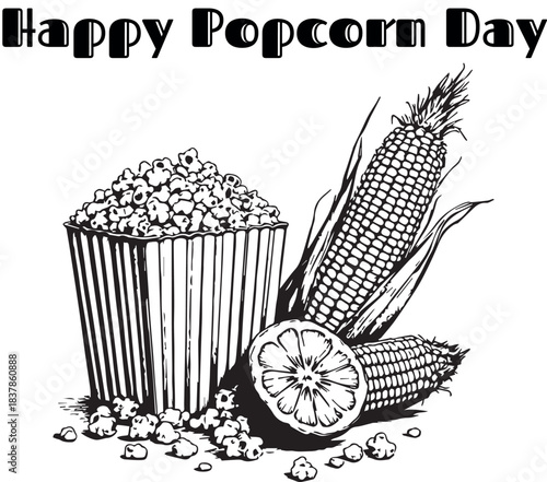 Happy Popcorn Day illustration with popcorn container, corn cobs, kernels, and festive typography in monochrome style