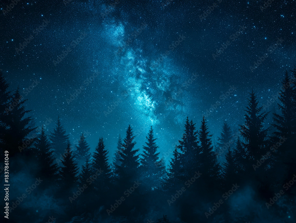 Fototapeta premium Deep blue hues envelop a forest as countless stars twinkle overhead. The Milky Way stretches across the night sky, showcasing the beauty of a peaceful, starlit landscape