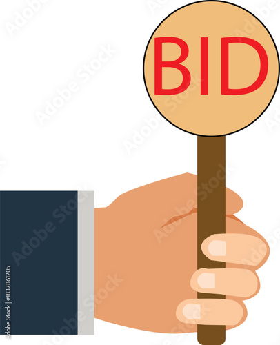 Auction bidding process. Auction bid paddle sign. Hands holding BID paddles. Auction sale and bidding process symbol. flat style.