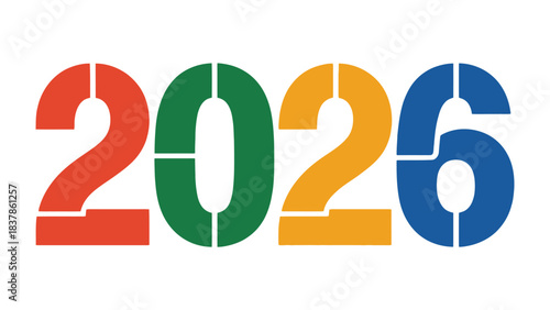The Year 2026: Bold, colorful numerals of the year 2026, artfully presented, standing for future, a bold visual statement on an important year. 