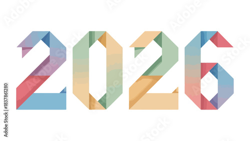 2026 Typography: A vibrant and modern design showcasing the number 2026, composed of colorful geometric shapes and folds. Symbolizing the future.