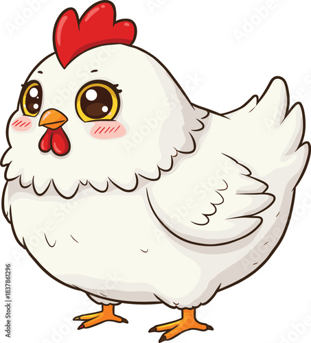 Cute white chicken cartoon character with big brown eyes, red comb and wattle, standing on orange feet, cad drawing flat vector illustration