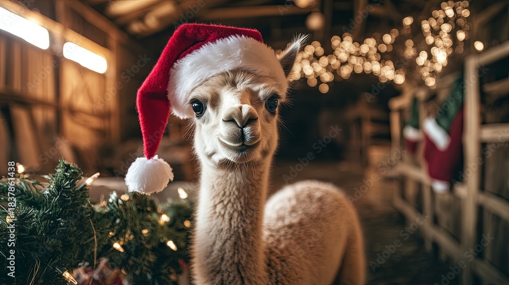 Fototapeta premium Baby llama wearing a Santa hat, standing by a decorated barn .