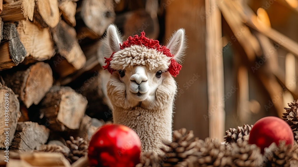 Obraz premium alpaca near firewood pile with pinecones and red ornaments .