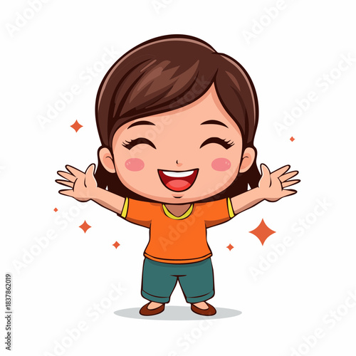 Flat vector cartoon character with cheerful eyes and a wide friendly grin