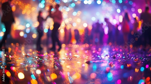 A glittery New Year Eve dance floor with people celebrating and colorful lights .