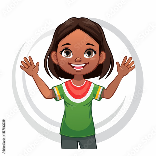 Flat vector cartoon character with cheerful eyes and a wide friendly grin