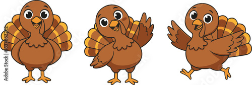 A playful set of three cute vector illustrations featuring a brown Thanksgiving turkey mascot character with a fanned tail, depicted in standing, waving, and running poses.