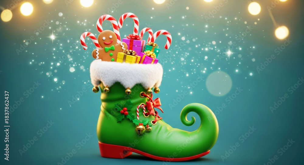 Naklejka premium Green elf boot filled with Christmas gifts, a gingerbread man, and candy canes. Festive holiday concept for greeting card design.