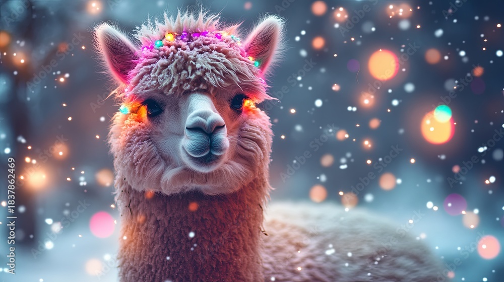 Obraz premium A fluffy alpaca in a snowy field with colorful lights woven through its fur. .