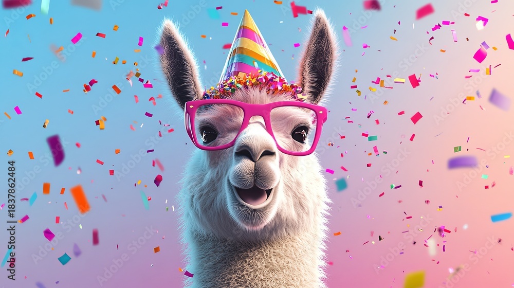 Obraz premium A fun and vibrant scene featuring a llama with pink glasses and a colorful party hat, surrounded by confetti. .
