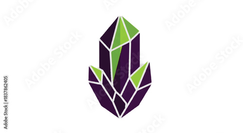 Geometric Crystal Formation with Green and Purple Facets on White Background.
