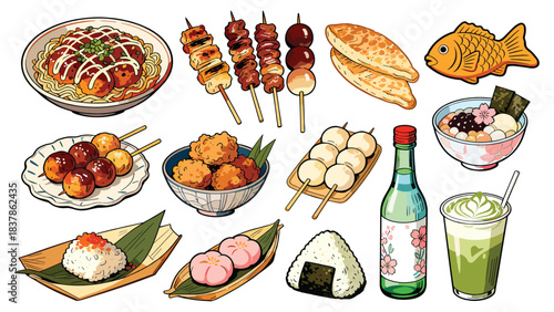 Japanese street food. Sushi, ramen, yakitori, tempura. Various Asian dishes. Illustration of food on white background. Vector design. Food icons. Japanese cuisine. Meal ingredients. Foodie
