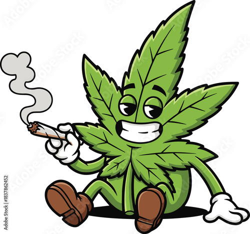 Cartoon cannabis leaf character sitting with lit joint and playful grin