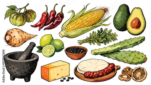 Mexican food ingredients. Vector illustration of chili peppers, corn, avocado, lime, cheese, tortilla, and herbs. Traditional Latin American cuisine elements. Fresh produce and spices.