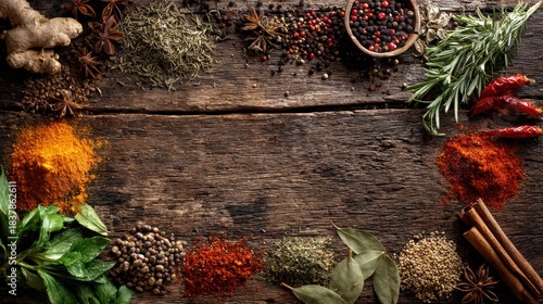 Fototapeta Naklejka Na Ścianę i Meble -  Aromatic spice collection displayed on rustic wood, creating a warm ambiance