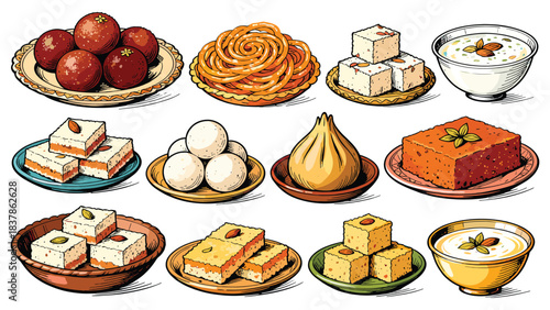 Traditional Indian sweets and desserts. Variety of sweet dishes. Indian food illustrations. Dessert plate icons. Vector illustration on white background. Sweet treats collection. Food