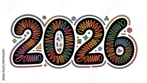 Vibrant 2026 Typography: A lively and colorful hand-drawn illustration featuring the number 2026 with an abstract, artistic flair, perfect for representing future planning and new beginnings.