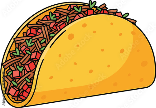 Cartoon taco illustration, yellow shell, shredded meat, diced tomato, herbs, Mexican food, vector art, colorful snack design